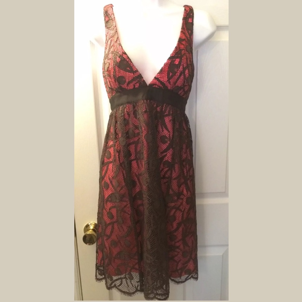 MILLY of New York Lace overlay Dress Floral Pink Brown V-Neck Empire Waist Shift